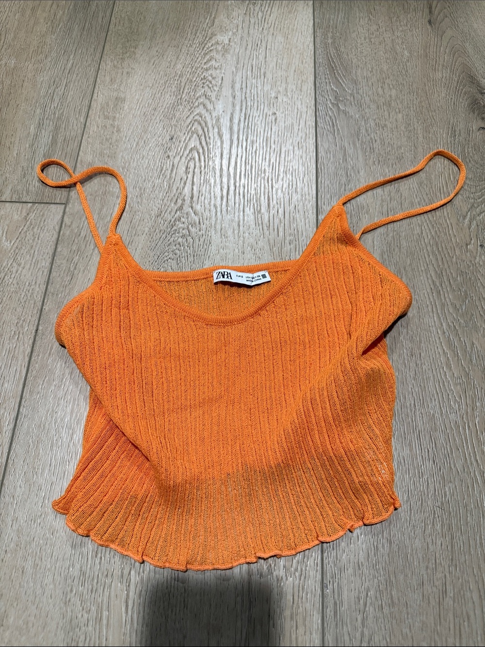 Zara Orange Ribbed Knit Spaghetti Strap Crop Top